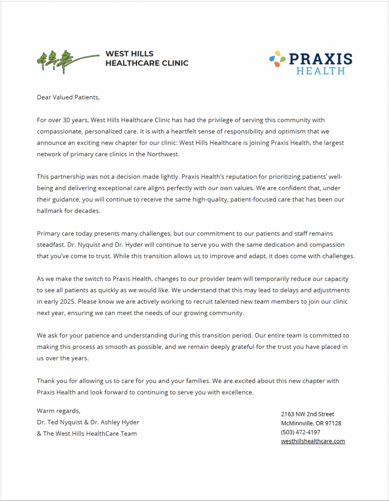 West Hills Healthcare Letter
